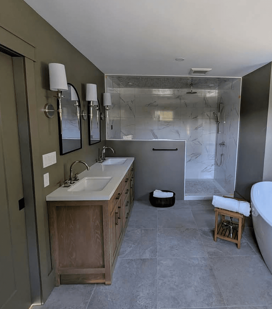 Interior view of a custom bathroom painted green